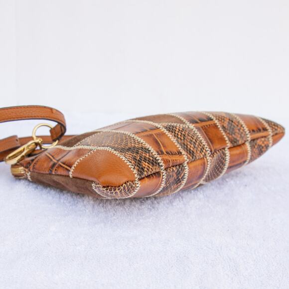 G.I.L.I. Brown Tan Embossed Snake Croc Leather Suede Patchwork Crossbody Purse - Picture 3 of 11